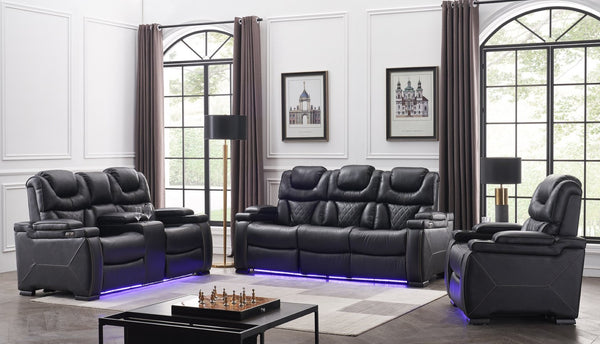 English Elm Lexus 3 Piece Power Reclining Sofa Set with Led Lighting and Air Leather Seating B009S02345