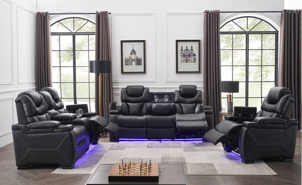 English Elm Lexus 3 Piece Power Reclining Sofa Set with Led Lighting and Air Leather Seating B009S02345