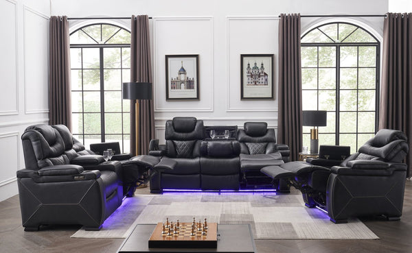 English Elm Lexus 3 Piece Power Reclining Sofa Set with Led Lighting and Air Leather Seating B009S02345