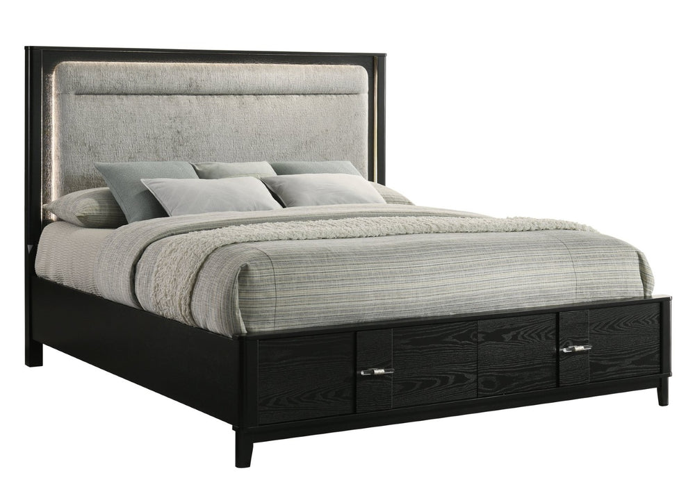 English Elm Opel Queen Storage Bed with Led Headboard Chenille Upholstery and Sintered Stone Accent B009S02346