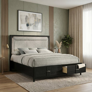 English Elm Opel Queen Storage Bed with Led Headboard Chenille Upholstery and Sintered Stone Accent B009S02346