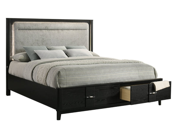English Elm Opel Queen Storage Bed with Led Headboard Chenille Upholstery and Sintered Stone Accent B009S02346