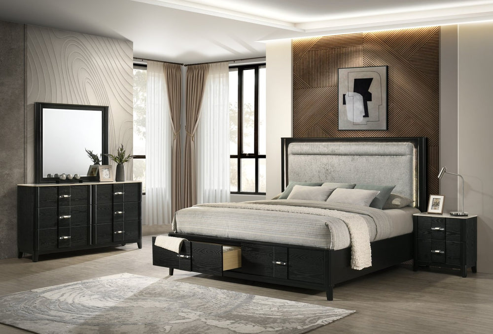 English Elm Opel Queen Bedroom Set Chenille Upholstered Led Headboard Marble Dresser Black Finish B009S02348