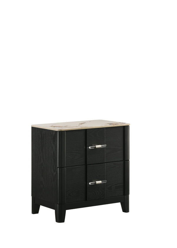 English Elm Opel Queen Bedroom Set Chenille Upholstered Led Headboard Marble Dresser Black Finish B009S02348
