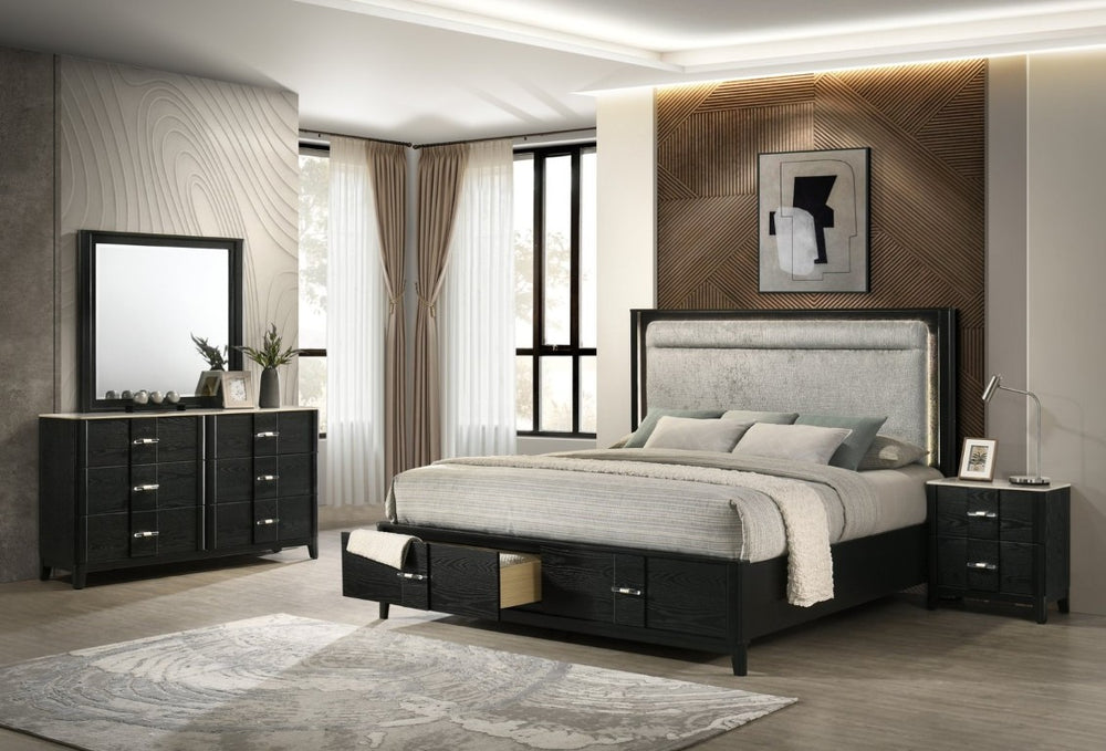 English Elm Opel King Bedroom Set LED Headboard Marble Dresser Wire Brushed Black Four Piece B009S02349