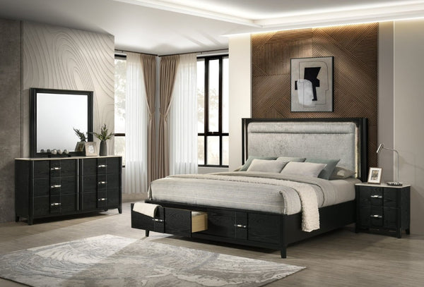 English Elm Opel King Bedroom Set LED Headboard Marble Dresser Wire Brushed Black Four Piece B009S02349