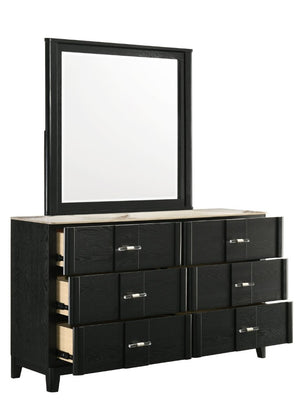 English Elm Opel King Bedroom Set LED Headboard Marble Dresser Wire Brushed Black Four Piece B009S02349