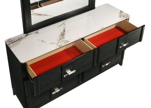 English Elm Opel King Bedroom Set LED Headboard Marble Dresser Wire Brushed Black Four Piece B009S02349