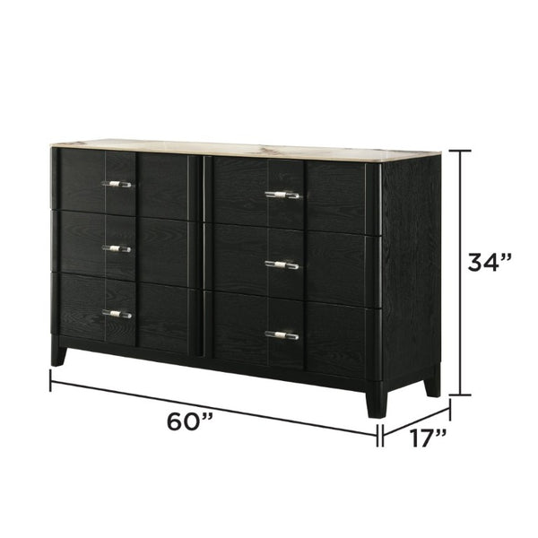 English Elm Opel King Bedroom Set LED Headboard Marble Dresser Wire Brushed Black Four Piece B009S02349