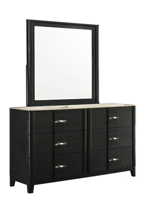 English Elm Opel King Bedroom Set LED Headboard Marble Dresser Wire Brushed Black Four Piece B009S02349