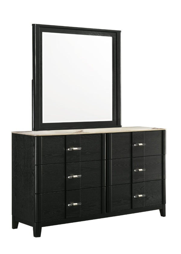 English Elm Opel King Bedroom Set LED Headboard Marble Dresser Wire Brushed Black Four Piece B009S02349