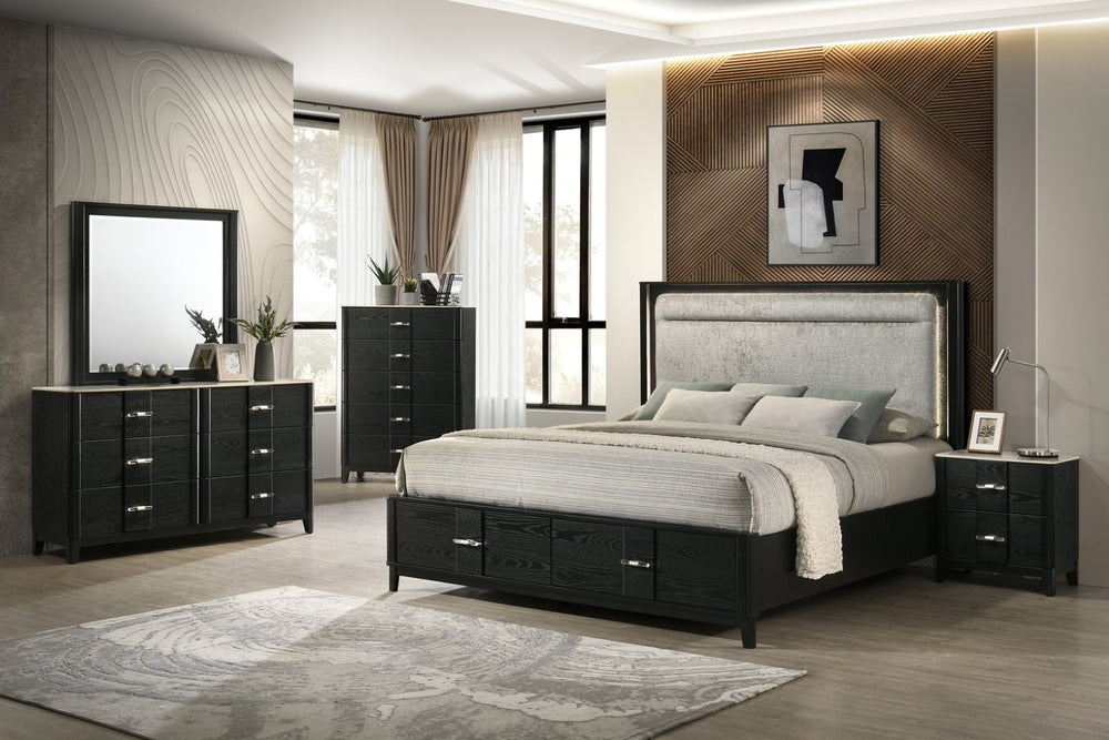 English Elm Opel Queen Bedroom Set with Led Upholstered Headboard Footboard Storage and Black Finish B009S02350