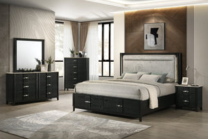 English Elm Opel Queen Bedroom Set with Led Upholstered Headboard Footboard Storage and Black Finish B009S02350