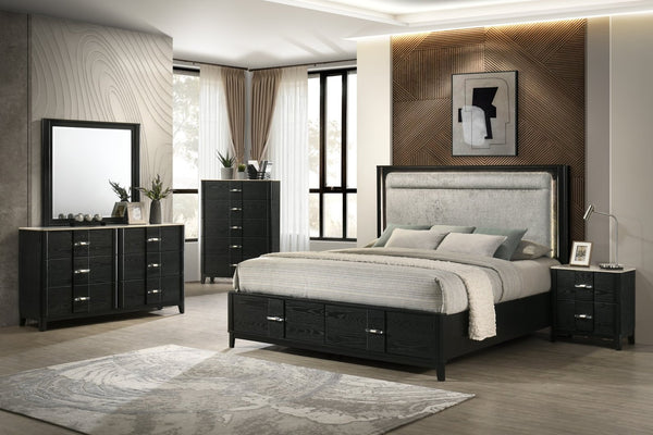 English Elm Opel Queen Bedroom Set with Led Upholstered Headboard Footboard Storage and Black Finish B009S02350