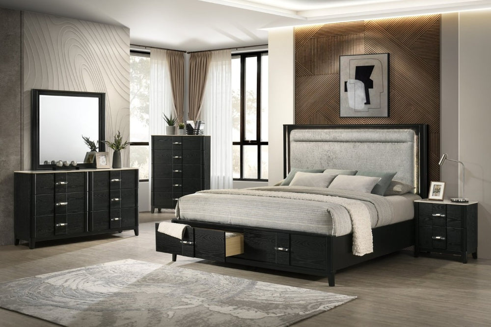 English Elm Opel 5 Piece King Bedroom Set LED Headboard Footboard Storage Black Chenille B009S02351