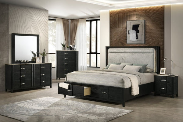 English Elm Opel 5 Piece King Bedroom Set LED Headboard Footboard Storage Black Chenille B009S02351