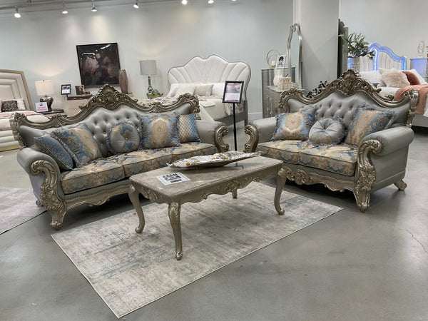 English Elm Isabella European Formal Sofa and Loveseat Set with Gold Carved Wood Frames B009S02352