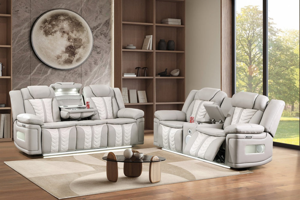 English Elm Cruiser Power Reclining Sofa Set with Led Lighting Massage and Wireless Charging Console Gray+Beige B009S02361