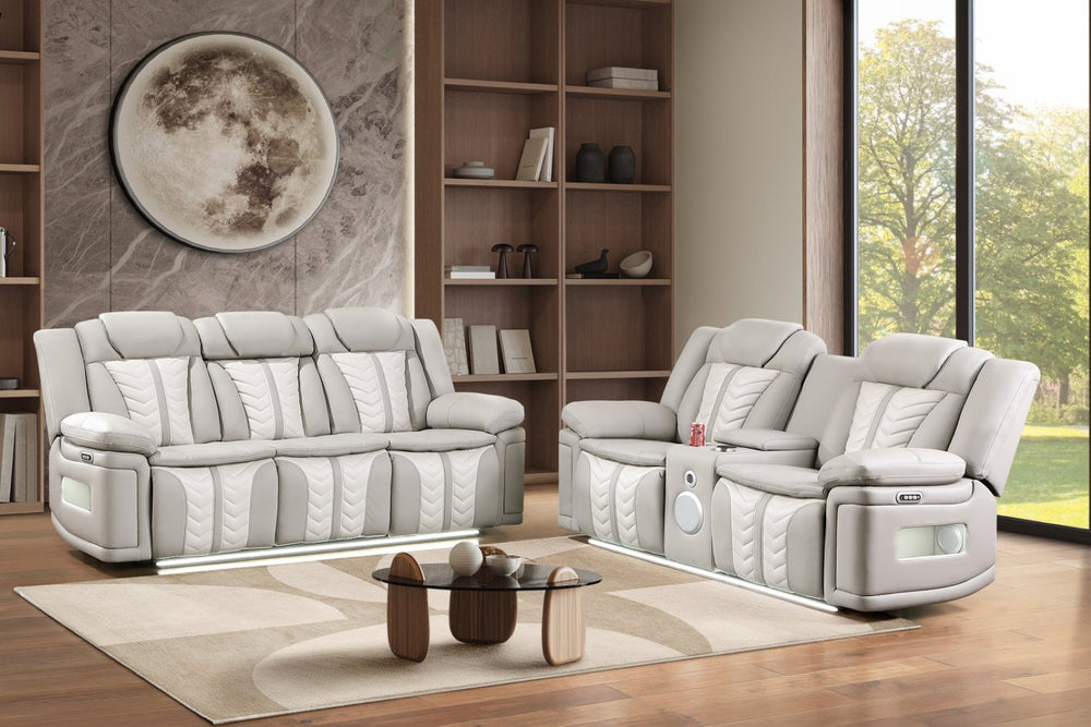 English Elm Cruiser Power Reclining Sofa Set with Led Lighting Massage and Wireless Charging Console Gray+Beige B009S02361