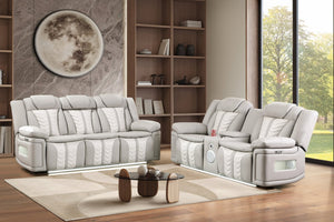 English Elm Cruiser Power Reclining Sofa Set with Led Lighting Massage and Wireless Charging Console Gray+Beige B009S02361