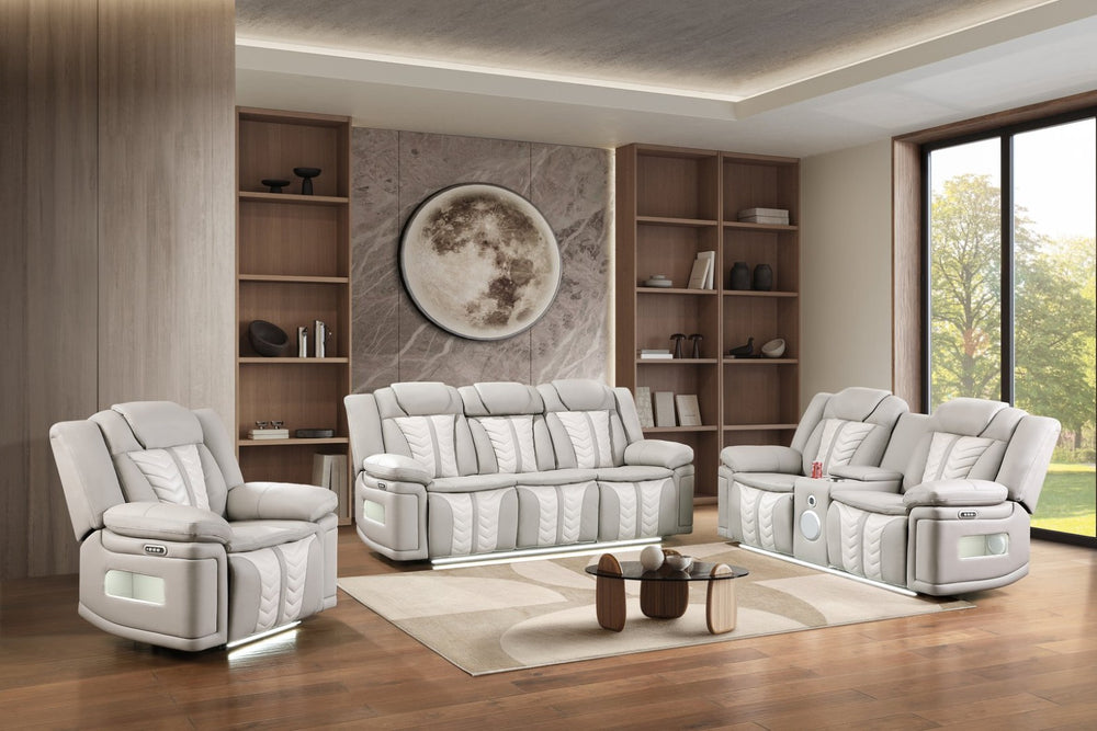 English Elm Cruiser Power Reclining Living Room Set with Massage Led Lighting and Faux Leather Gray+Beige B009S02362
