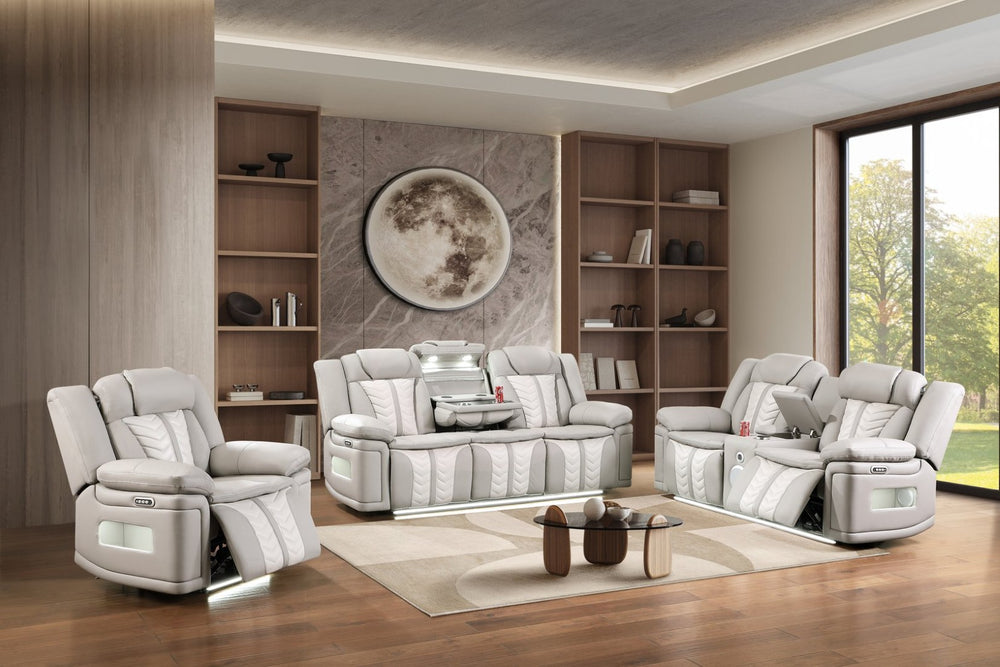 English Elm Cruiser Power Reclining Living Room Set with Massage Led Lighting and Faux Leather Gray+Beige B009S02362