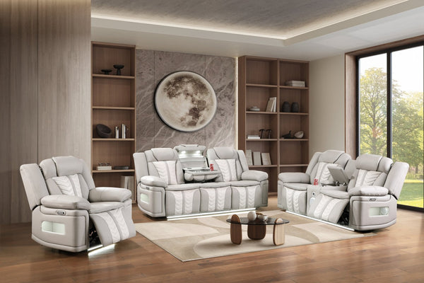 English Elm Cruiser Power Reclining Living Room Set with Massage Led Lighting and Faux Leather Gray+Beige B009S02362