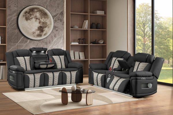 English Elm Cruiser Power Reclining Sofa Set with Led Lighting Massage and Wireless Charging Console Black+Grey B009S02363