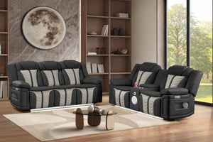 English Elm Cruiser Power Reclining Sofa Set with Led Lighting Massage and Wireless Charging Console Black+Grey B009S02363