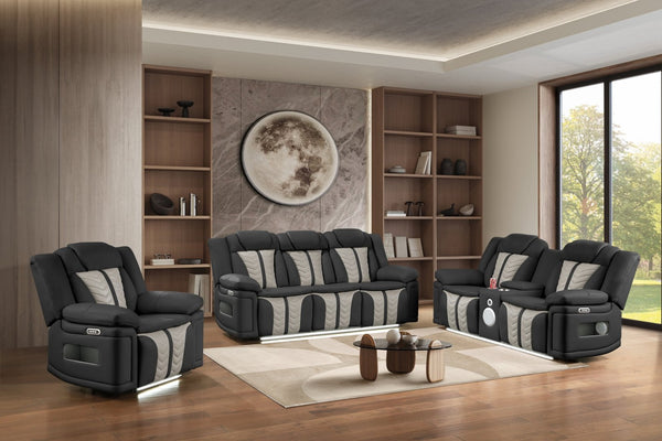 English Elm Cruiser Power Reclining Living Room Set with Massage Led Lighting and Faux Leather Black+Beige B009S02364