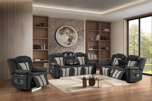 English Elm Cruiser Power Reclining Living Room Set with Massage Led Lighting and Faux Leather Black+Beige B009S02364
