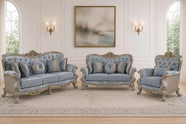 English Elm Royale Traditional Sofa and Loveseat Set with Damask Upholstery and Gold Carved Frame 3PC B009S02366