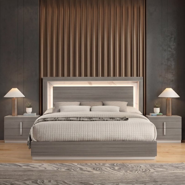 English Elm Altima Queen Panel Bed with LED Glow Headboard Marble Accents and Gray Maple Finish B009S02368