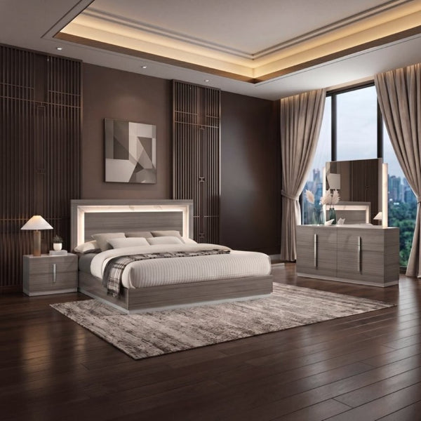 English Elm Altima King Bedroom Set LED Headboard Marble Accents Gray Maple Lacquer Finish B009S02371