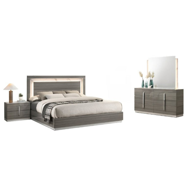 English Elm Altima King Bedroom Set LED Headboard Marble Accents Gray Maple Lacquer Finish B009S02371
