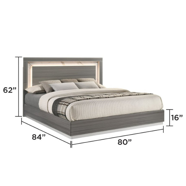 English Elm Altima King Bedroom Set LED Headboard Marble Accents Gray Maple Lacquer Finish B009S02371