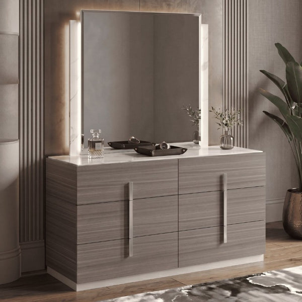 English Elm Altima King Bedroom Set LED Headboard Marble Accents Gray Maple Lacquer Finish B009S02371