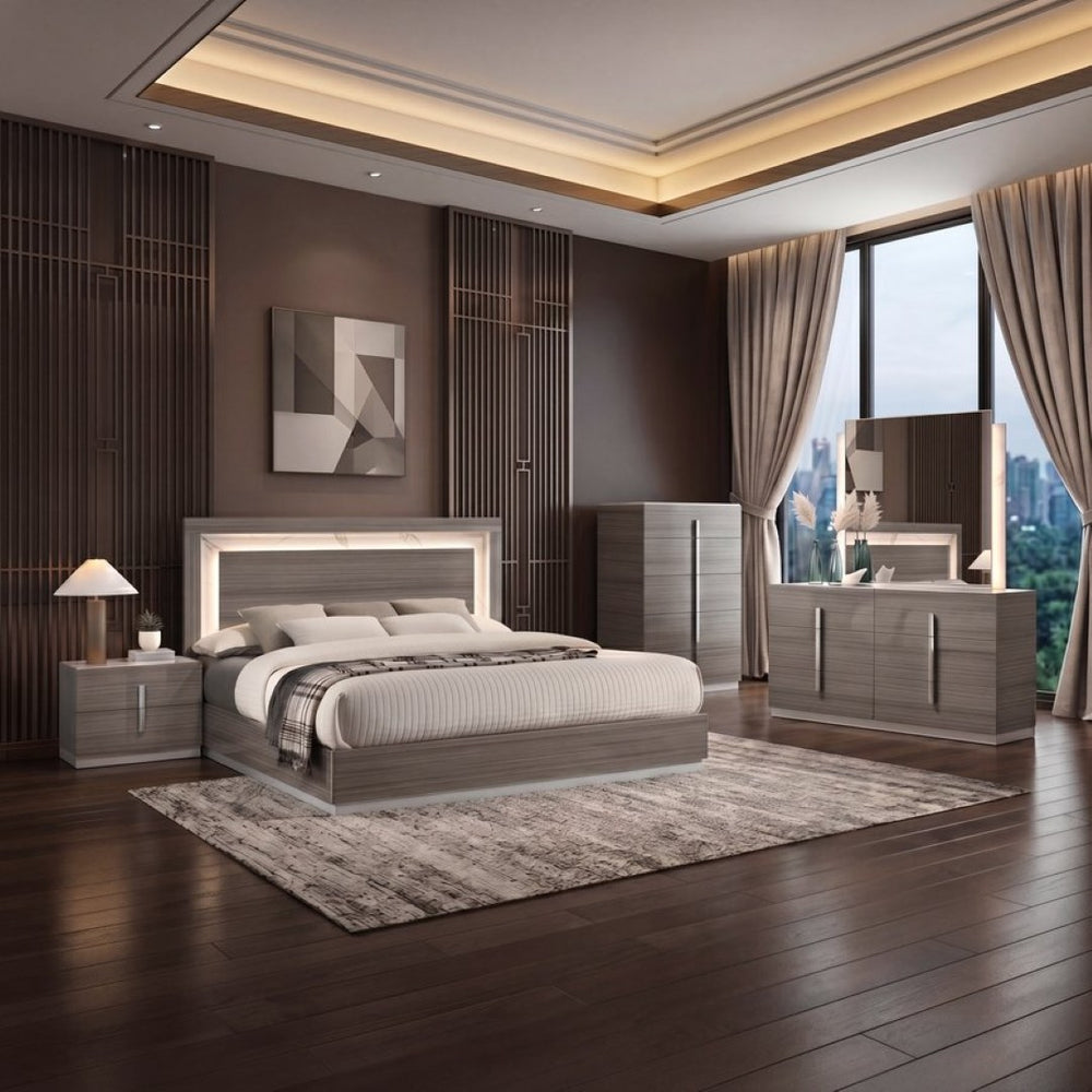 English Elm Altima Queen Bedroom Set with Led Headboard Marble Accents and Gray Maple Finish B009S02372