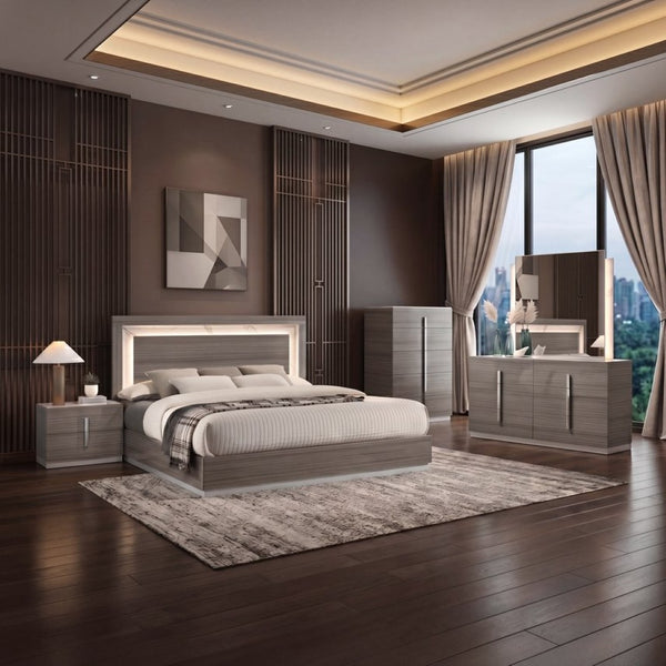 English Elm Altima Queen Bedroom Set with Led Headboard Marble Accents and Gray Maple Finish B009S02372