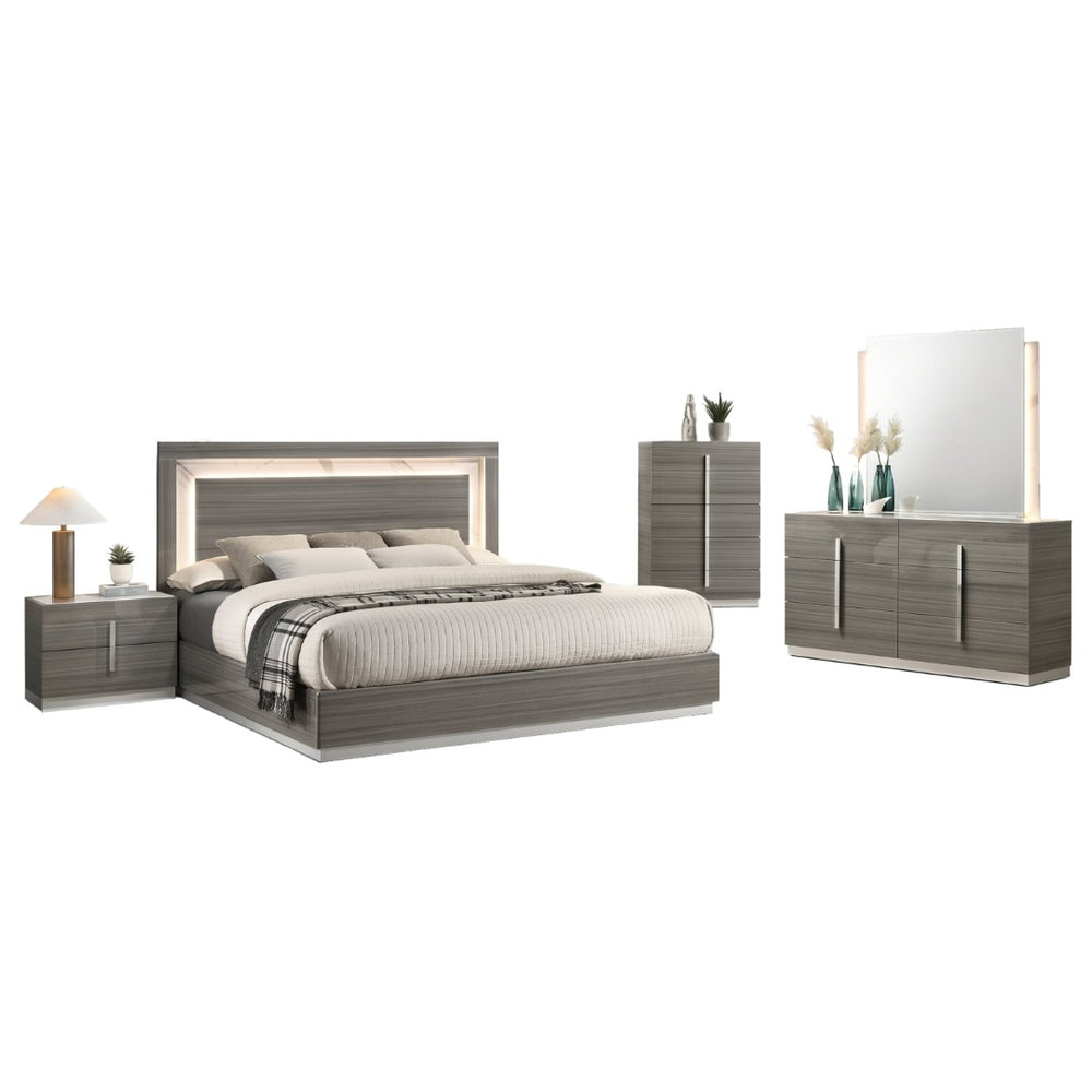 English Elm Altima King Bedroom Set with Led Headboard Marble Accents and Gray Maple Lacquer Finish B009S02373