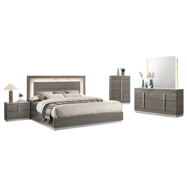 English Elm Altima King Bedroom Set with Led Headboard Marble Accents and Gray Maple Lacquer Finish B009S02373