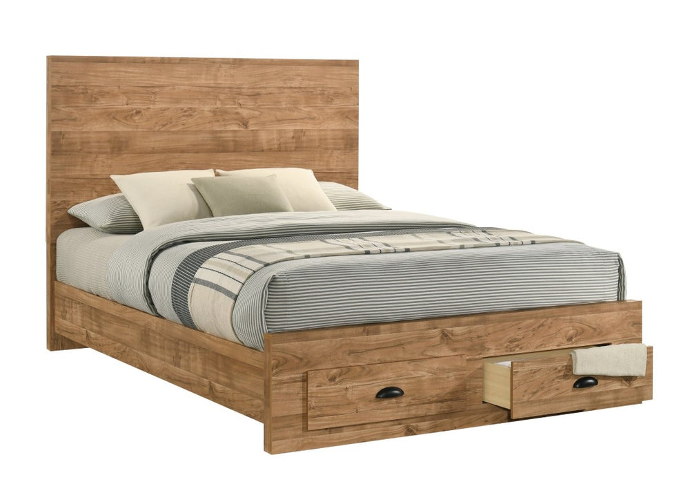 English Elm Montana Queen Storage Bed with 2 Built-In Drawers Warm Oak Panel Wood Frame Rustic Brown B009S02375
