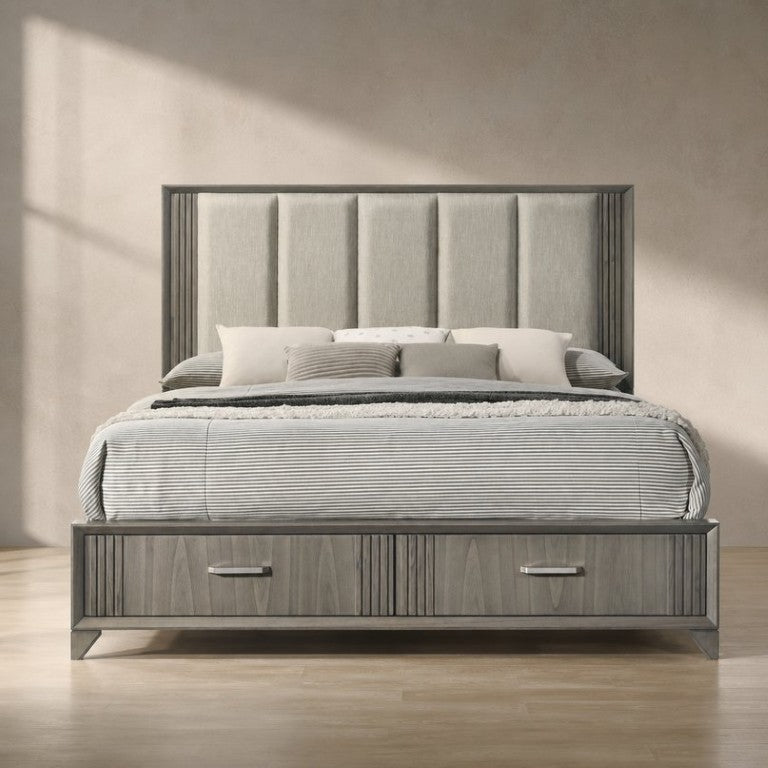 English Elm Hugo King Storage Bed Upholstered Headboard Rubberwood Frame Full Extension Drawers Gray B009S02396