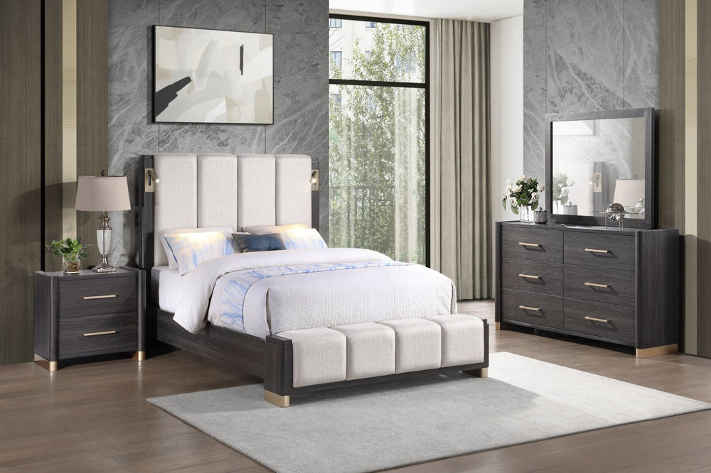 English Elm Clifton King Bedroom Set Upholstered Bed with Led Lighting Usb Ports Espresso Finish B009S02403