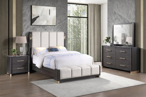 English Elm Clifton King Bedroom Set Upholstered Bed with Led Lighting Usb Ports Espresso Finish B009S02403