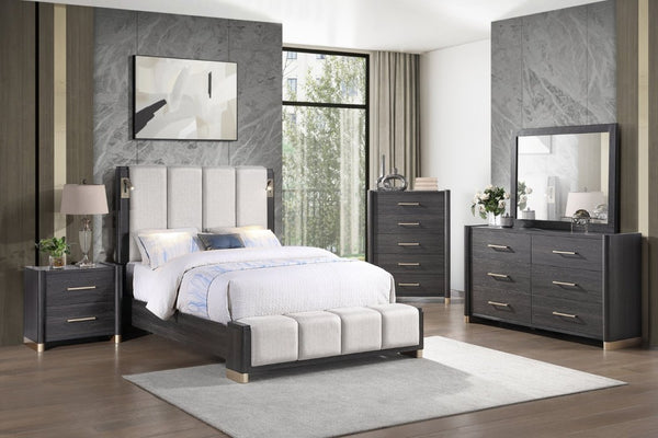 English Elm Clifton King Bedroom Set with LED Lighting USB Charging and Upholstered Platform Bed B009S02404