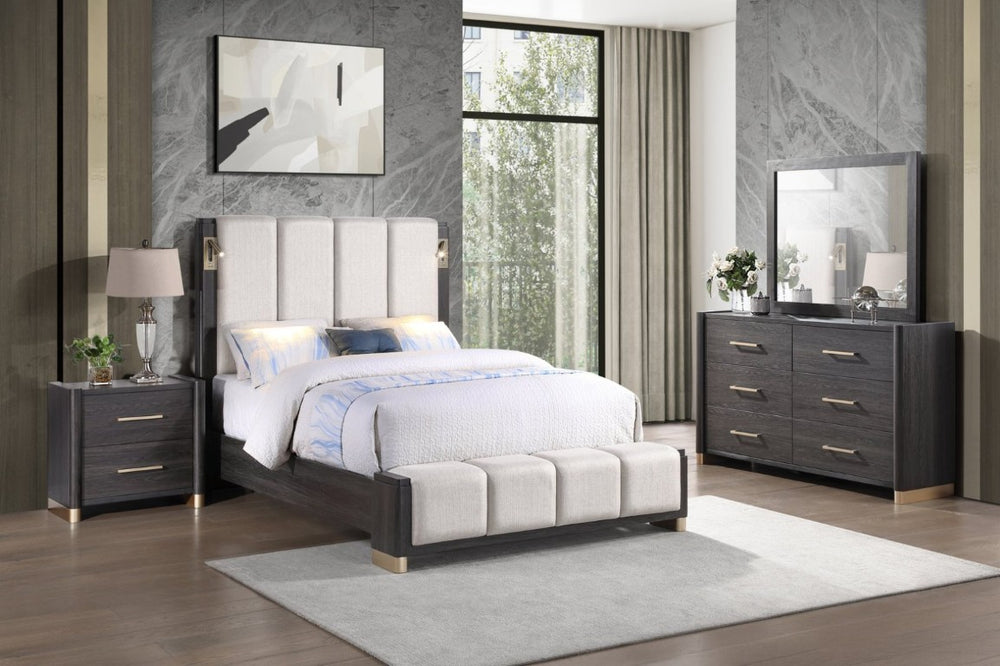 English Elm Clifton Queen Bedroom Set Upholstered Platform Bed LED Lighting USB Espresso Finish B009S02405
