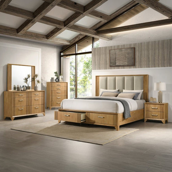 English Elm Hugo King Bedroom Set with Upholstered Headboard Storage Bed and Natural Wood Finish B009S02412