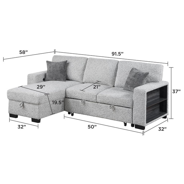 English Elm Buzz Sleeper Sectional with Storage Chaise Usb Ports Console Arm Gray Fabric B009S02413
