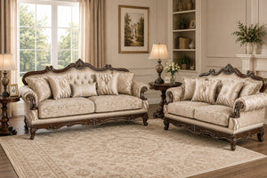 English Elm Lotus Traditional Sofa and Loveseat Set Champagne Gold Fabric with Ornate Wood Frame B009S02447